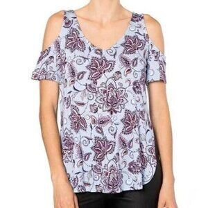 Love Fire Cold Shoulder Top size L Large Blue w floral print EUC Vneck soft